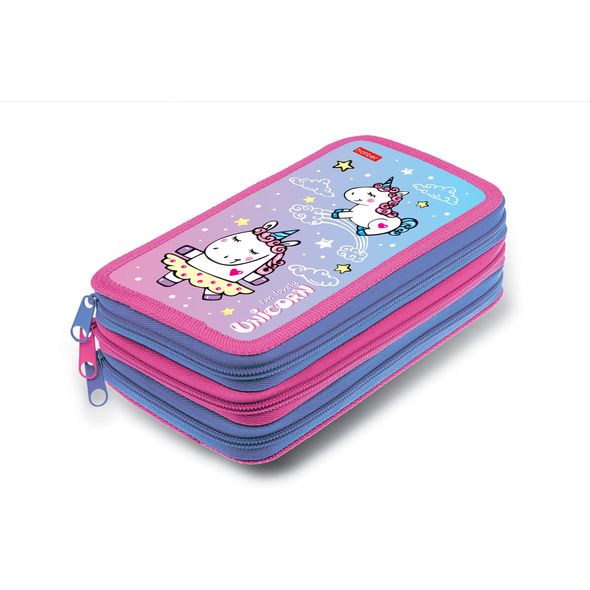 Пенал Hatber 190х110мм 3 отделения на молнии Soft-touch -Единорожки-  в индив.упак. , 